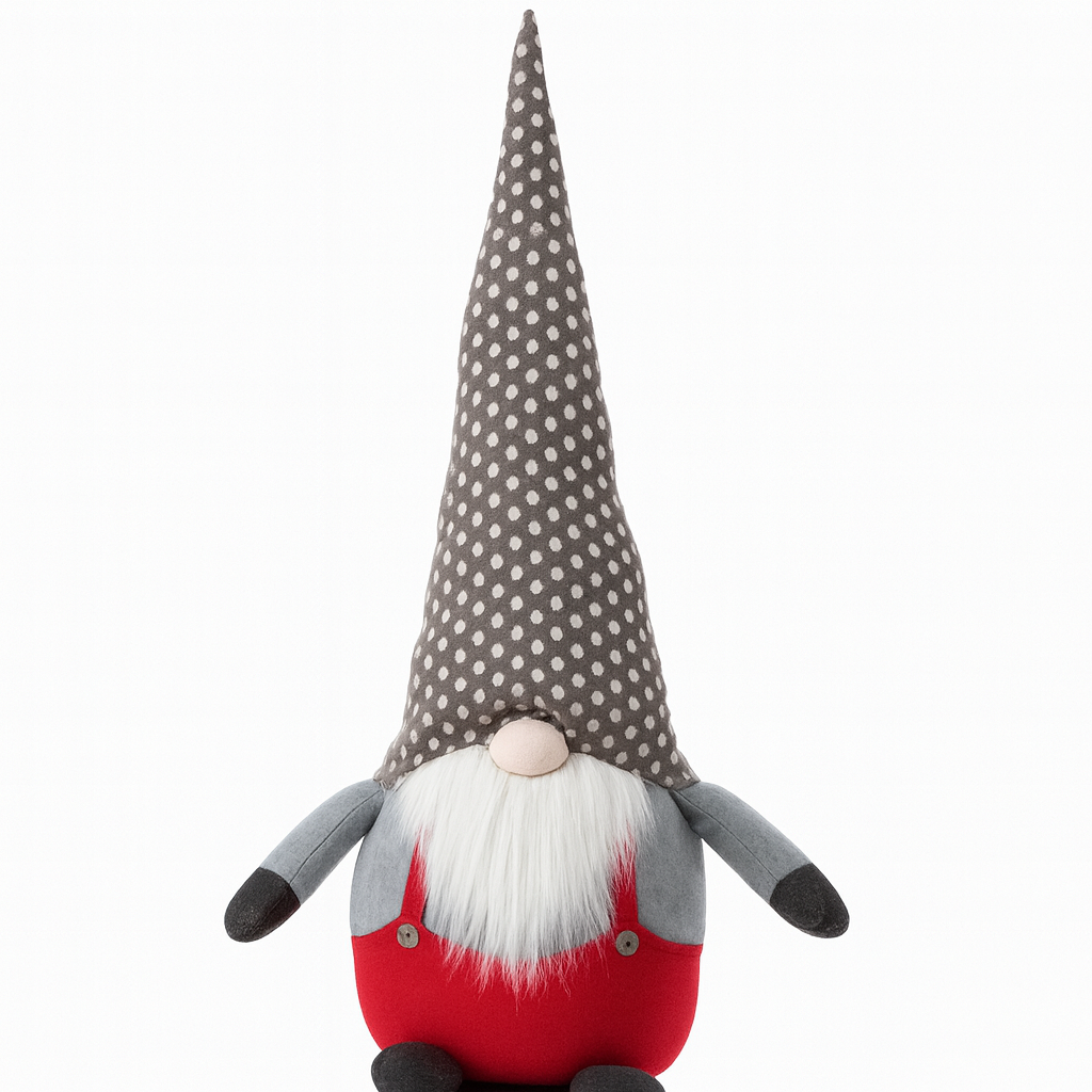 Plush gnome toy with a polka dot hat on a white background